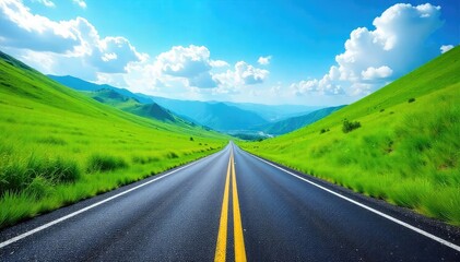 Fototapeta premium A winding asphalt road disappears into the distance, flanked by lush green hills under a vibrant blue sky Perfect for travel, adventure, and journey themed projects , road, vanishing point