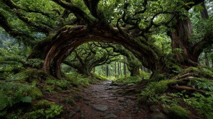 Enchanting woodland pathway beneath a canopy of majestic moss-covered trees