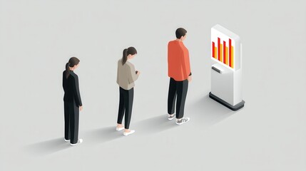 Obraz premium A group of individuals standing in line, observing a data display with rising statistics. Ideal for illustrating teamwork, progress, and modern business practices.