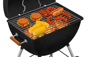 BBQ Grill with Burgers, Hot Dogs, and Corn