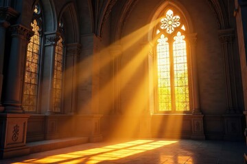 Obraz premium Sunbeams stream through stained-glass windows, illuminating a sacred space with ethereal, golden light Perfect for religious, spiritual, or fantasy themes , tranquility, beam, light
