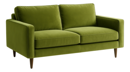 Modern green upholstered sofa with clean lines and wooden legs on transparent background.