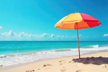 Vibrant beach umbrella casting shade on the warm sand, perfect for a relaxing day by the ocean The blue sky and gentle waves create a tranquil scene , beach, outdoor, coastal scene