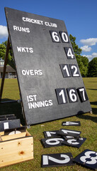 Old Cricket scoreboard on a summer day