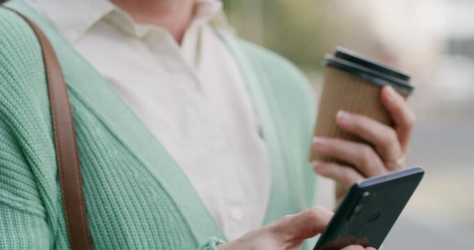 Phone, coffee and smile with woman in city for ehailing service, taxi cab app search and communication. Location, networking and rider request with person and mobile for transport tracking and travel