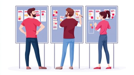 A group of three individuals engaged in a collaborative brainstorming session, analyzing information displayed on boards