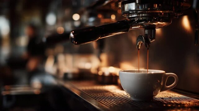 Close-Up of Espresso Machine Brewing Fresh Coffee in a Caf&eacute; Setting