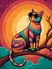 Stylish cat with sunglasses relaxing on a branch surrounded by lush greenery and bright sunshine in a tree