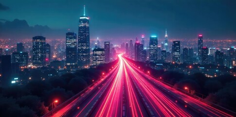 A futuristic cityscape at night, glowing fiber optic cables forming a network across the buildings, representing the digital information superhighway , wires, signal