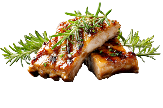 Juicy grilled pork ribs garnished with fresh rosemary sprigs