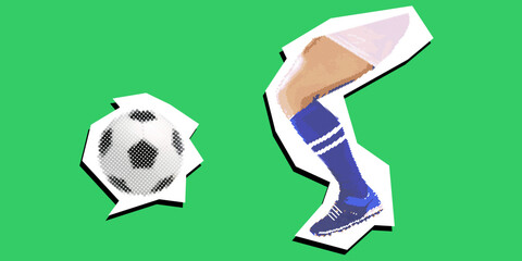 Soccer ball kick in pointilize dotted collage with torn paper effect. Energetic vector design for sports, football, action themes, dynamic layouts, and athletic concepts. High impact look.