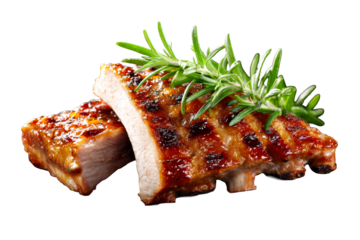 Grilled meat with glaze and fresh herbs on transparent background