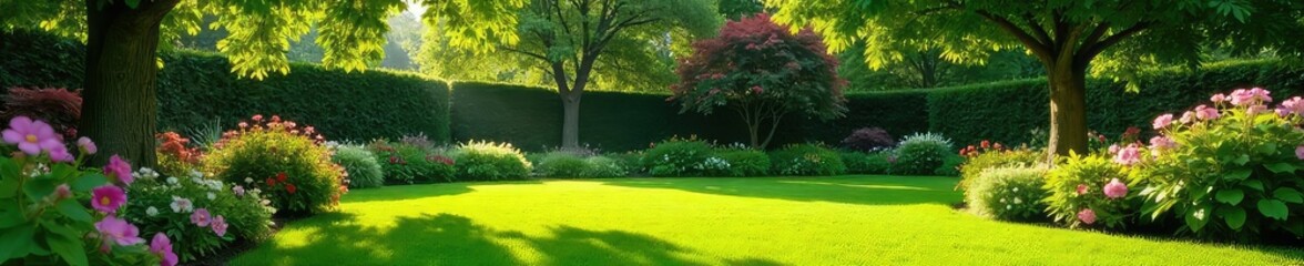 Obraz premium Serene backyard scene featuring lush green grass, blooming flowers, and mature trees under a bright, sunny sky Ideal for relaxation, nature, and home improvement themes , backyard, picturesque