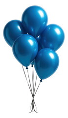 A cluster of shiny blue balloons tied together with black strings on transparent background.