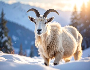A white mountain goat stands in snowy mountains at sunset