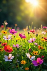 Fototapeta premium Vibrant wildflowers in full bloom, bathed in the warm glow of springtime sunlight A breathtaking display of color and natural beauty in a lush meadow , flowers, season, countryside