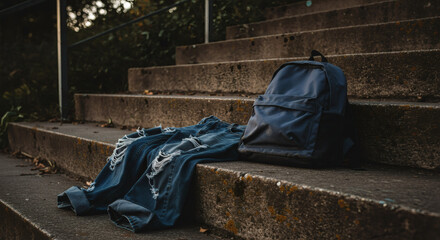 Blue backpack and ripped jeans resting on outdoor stone steps  