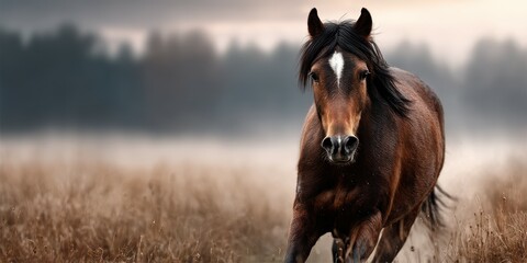 Running horse in tranquil grassland during early morning light captures the beauty of nature and freedom