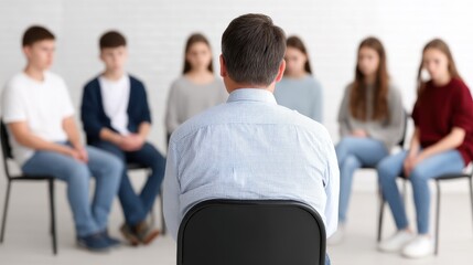 A group therapy session with a male facilitator guiding a circle of attentive participants. Emphasis on support, communication, and personal growth in a serene environment.
