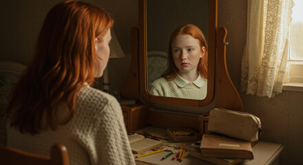 Young girl looking at herself in mirror while sitting at desk  