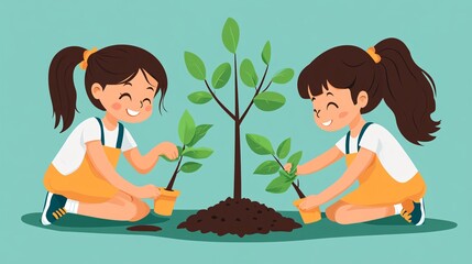 vector flat design of kids planting trees, eco-friendly education, earth day activity, soft bright colors, environmental preservation concept