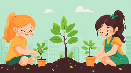 vector flat design of kids planting trees, eco-friendly education, earth day activity, soft bright colors, environmental preservation concept