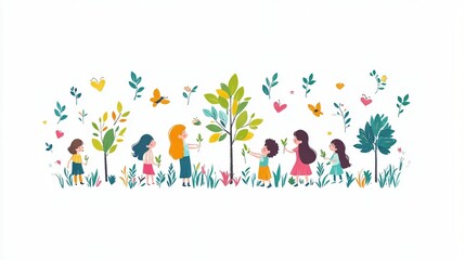 vector flat design of kids planting trees, eco-friendly education, earth day activity, soft bright colors, environmental preservation concept