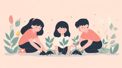 vector flat design of kids planting trees, eco-friendly education, earth day activity, soft bright colors, environmental preservation concept