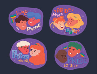 Letter stickers with pictures of Lgbt couples in Pride Month Illustration and vector