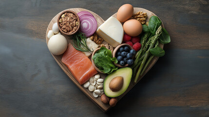 Assortment of healthy foods arranged in a heart shape, symbolizing love for nutritious eating and wellness.