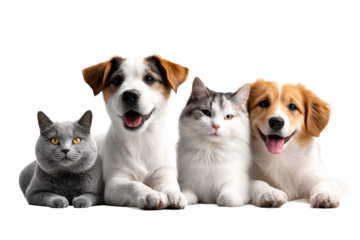 Pets posing together on a transparent background for a fun display