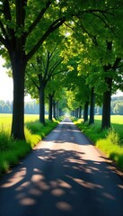 Obraz premium Serene countryside vista unfolds alongside a quiet, tree-lined road Sunlight dapples through leaves, casting shadows on the asphalt Perfect for travel, nature, or rural themes , peaceful, road