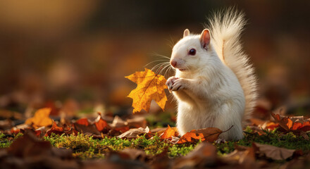 White squirrel holding orange leaf on forest floor during autumn  