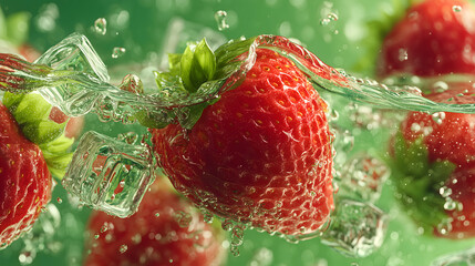 Vibrant Strawberry with Water Droplets and Ice
