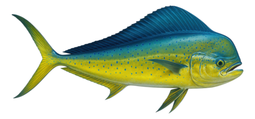 Detailed illustration of a vibrant blue and yellow mahi-mahi fish with pronounced fins and speckled pattern on transparent background.
