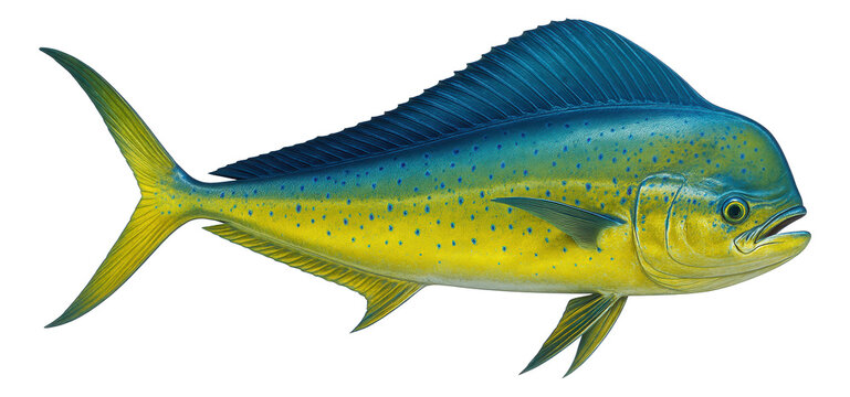 Detailed illustration of a vibrant blue and yellow mahi-mahi fish with pronounced fins and speckled pattern on transparent background.
