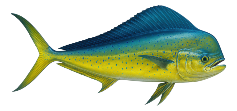 Detailed illustration of a vibrant blue and yellow mahi-mahi fish with pronounced fins and speckled pattern on transparent background.