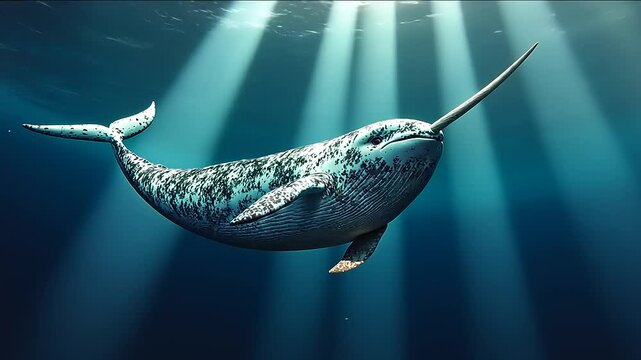 Majestic narwhal swimming gracefully in deep ocean waters, illuminated by sunbeams, showcasing marine beauty
