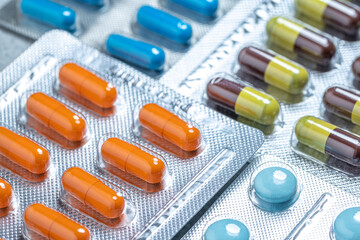 Variety of medicines and drugs.Medicine and healthcare concept.Variety of medicines and drugs.Medicine and healthcare concept.Pill for the prescription and treatment various diseases chemistry