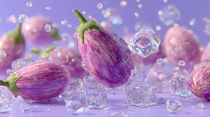 Fresh Purple Eggplant with Ice Cubes and Water Droplets
