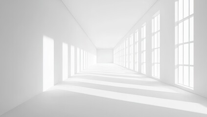 Fototapeta premium Render of a white hallway with glowing lights and windows on the right side, a futuristic laboratory, clean lines, simple design, white background.