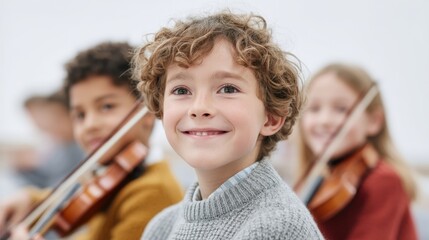 A joyful young boy smiles while playing the violin in a group music class, showcasing the joy of learning and cultural expression through music and collaboration among children.