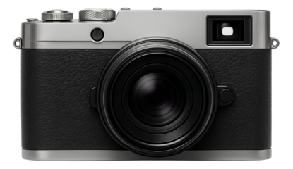 Classic black and silver digital camera with large lens and textured grip on transparent background.