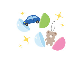 中身にぬいぐるみと車(ミニカー)が入ったカプセルトイのイラスト素材　/ガチャガチャ、ガシャポン、景品、おもちゃ、開封