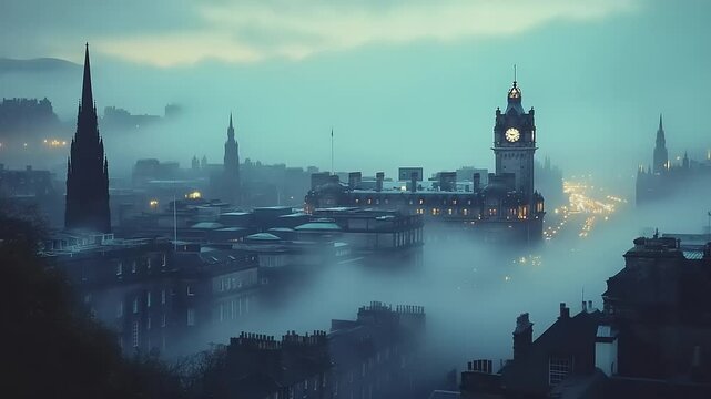 Misty Edinburgh skyline at dawn, featuring iconic clock tower and spires, with fog enveloping the city