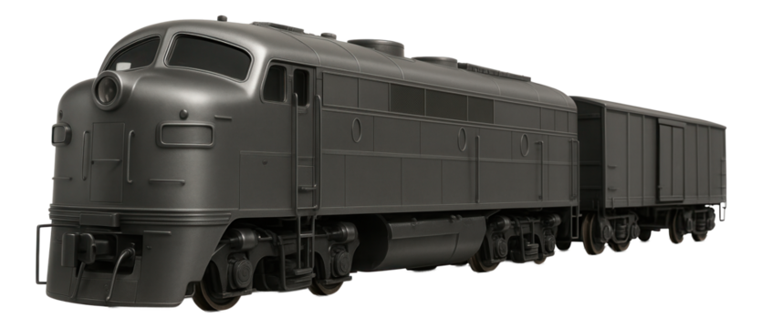 Black vintage train locomotive with streamlined design attached to a freight car on transparent background.