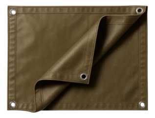 Brown tarpaulin with metal grommets and folded corner on transparent background.