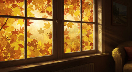 Autumn leaves viewed through window with warm sunlight in cozy room  