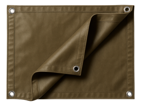 Brown tarpaulin with metal grommets and folded corner on transparent background.