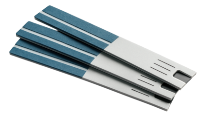 Stack of modern, minimalist blue and white emery board nail files designed for manicure and pedicure care on transparent background.